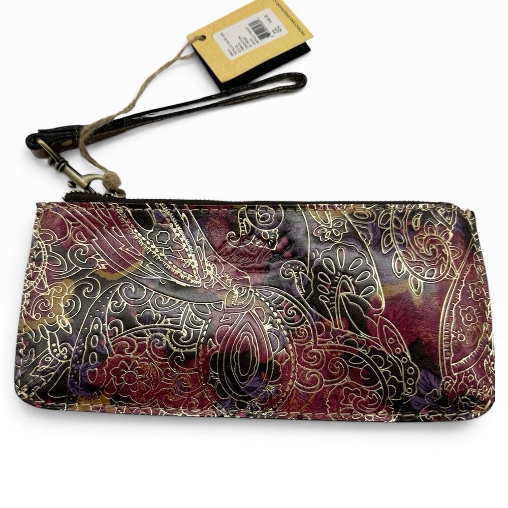 NWT Patricia Nash Metallic Tooled Lace Leather Clutch Wristlet Dark Paisley Zip